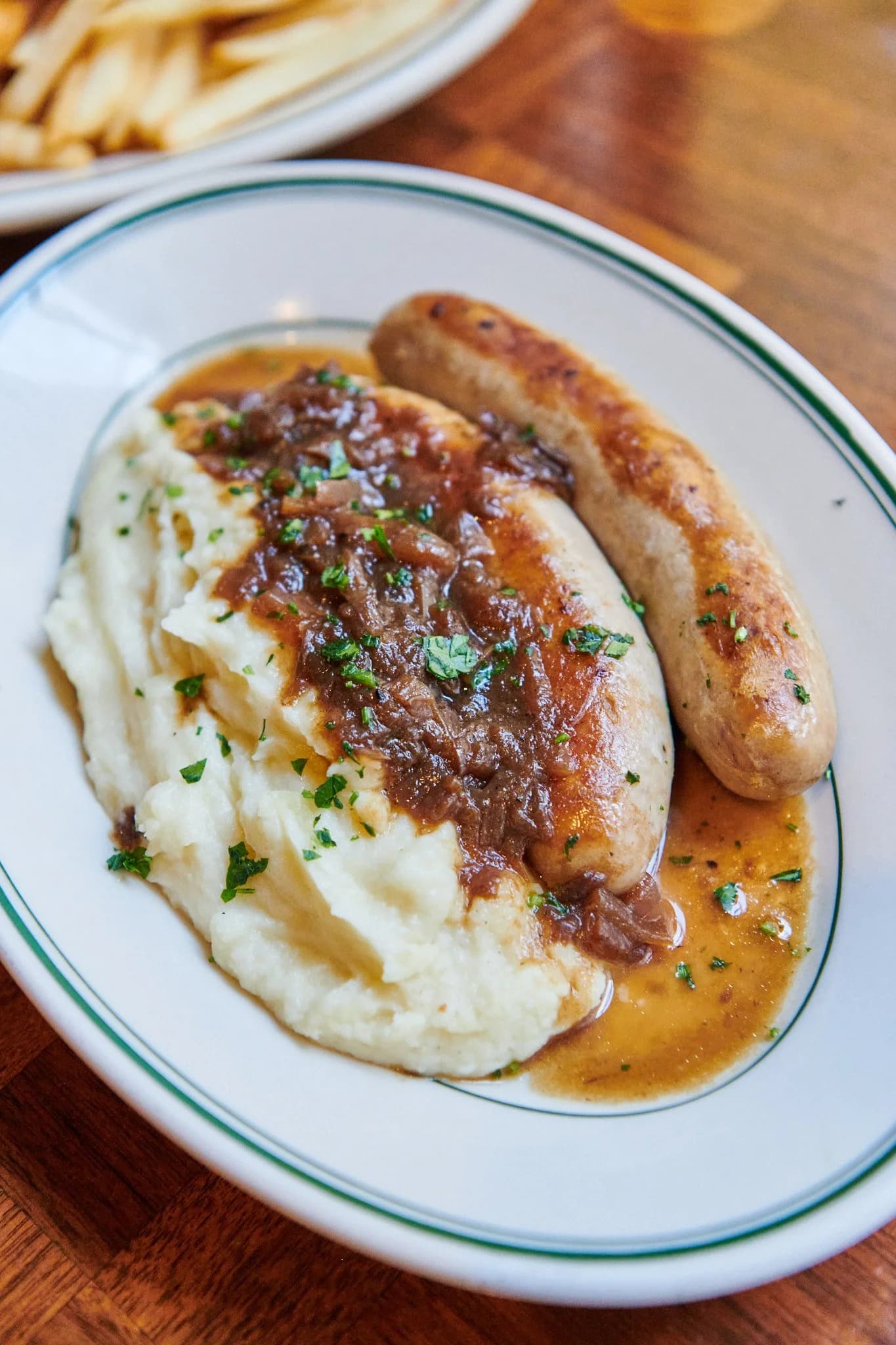 Bangers and mash with onion gravy